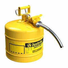 This 5-gallon diesel safety can is designed for dispensing diesel fuel in industrial environments. It includes a 5/8 in OD hose and is colored yellow for easy identification. Suitable for fueling equipment in machining, material handling, and other plant operations.