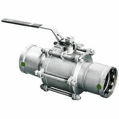 This manual two-way ball valve features a 316 stainless steel straight valve body with EPDM seals and a locking lever handle. It is designed for on/off flow control in piping systems handling water, air, and non-aggressive fluids. The locking lever provides secure shut-off for maintenance isolation.