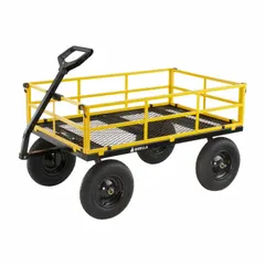 This flow-through high-volume side-panel metal deck truck from GORILLA features a 52 in L x 34 in W x 17 3/16 in H deck with a 12 ga frame and D-shaped handle. Finished in yellow, it is designed for moving bulk materials in warehouses, distribution centers, and manufacturing plants.