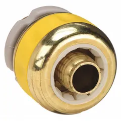 This rigid garden hose end repair fitting connects 5/8 in hose with standard garden hose thread (GHT). The male x female configuration allows direct attachment to faucets or other hose fittings. It is used to replace damaged ends on garden hoses, restoring functionality without replacing the entire hose.