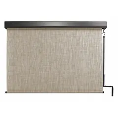 This pole-and-crank-operated sun shade from the Titanium Plus Series provides 90% UV protection for outdoor areas. It features a 96-inch valance width in Caribbean fabric with an Oil Rubbed Bronze valance, left-side operation, and a bungee-and-hook tie-down system for secure fastening.
