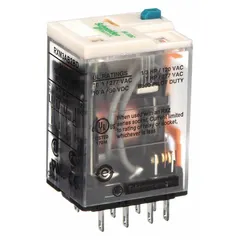 Socket-mounted relay from the Harmony RXM Series with a square base and flat pins for plug-in mounting. Features 3PDT contact arrangement, 24V DC coil, 10 A current rating, and quick-connect terminals. Suitable for general-purpose switching and control in industrial automation, HVAC, and panel-building applications.