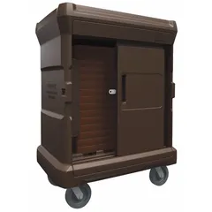 This non-pass-through insulated polyethylene cart is designed for meal transport and service in correctional facilities. It holds 68 trays, features two doors, and is equipped with two swivel casters for maneuverability. The brown cart is not NSF certified.
