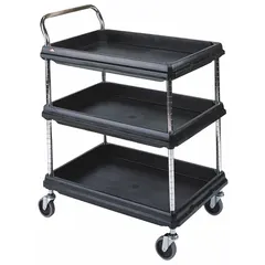 This polymer lab cart includes three shelves for organizing and transporting laboratory supplies, instruments, and samples. Measuring 27 inches wide and 33 1/4 inches high, it is suitable for use in laboratories, clean rooms, and industrial facilities.
