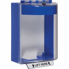 This polycarbonate wall-fixture guard is designed for outdoor emergency buttons, providing protection against vandalism and accidental damage. It features a blue 'LIFT HERE' legend, IP56 water resistance, and includes mounting hardware for surface-mount installation. Overall depth is 4 inches.
