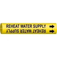 Pipe Marker: Reheat Water Supply, Yellow, Black, Fits 1 1/2 to 2 3/8 in Pipe O.D., 1 Pipe Markers (MPN 4267-B)