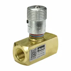 Manual two-way needle flow control valve with rotary knob adjustment. Constructed from brass with #12 NPT port connections. Rated for maximum pressure of 2000 psi. Used to regulate fluid flow in hydraulic and pneumatic systems.