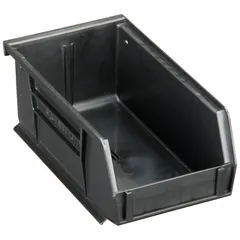 ESD conductive plastic bin for storing electronic components and sensitive devices in static-safe workstations. Black, with label holder. Measures 4-1/8 x 7-3/8 x 3 inches. Electrostatic Discharge Conductive.