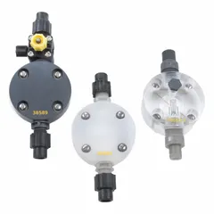 Plastic pump head for chemical metering pumps. Used as a replacement component in water treatment, chemical dosing, and process fluid handling systems requiring corrosion-resistant fluid delivery.
