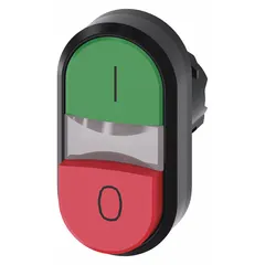 Non-illuminated multihead push-button operator with two momentary push buttons. Features an extended/flush profile and 22 mm mounting size. Suitable for industrial control panel applications requiring dual-button actuation for functions such as start/stop or mode selection.