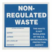 This vinyl label measures 6 inches by 6 inches and comes in a pack of 100. It features a blue background with the message 'This Waste is Not Regulated By The U.S Environmental Protection Agency'. Used in industrial, laboratory, and waste management settings to identify non-hazardous waste streams