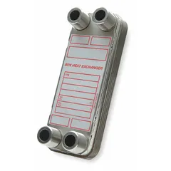 Brazed plate heat exchanger with 50 gpm flow capacity and 30.56 sq ft heat transfer surface. Constructed with nickel-brazed stainless steel plates. Used for heat transfer between refrigerant and water in HVAC, refrigeration, and industrial process systems.