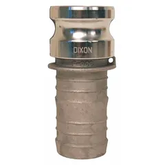 This Type E aluminum cam and groove fitting features a 1/2 in male hose shank for connecting to hoses in fluid transfer systems. With a coupling size of 1/2 in and overall length of 3 11/32 in, it is used for quick-connect applications in industrial hose assemblies.