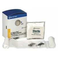 Sterile, latex-free bandage compress with a 1 7/8 in dressing width. Includes clips for secure fastening. Bulk pack of 4. Meets ANSI Z308.1-2015 standards. Not water resistant. Used for wound care in first aid kits