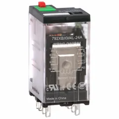 Socket-mounted relay with square base and plug-in mounting. DPDT contact configuration rated 12 A AC-1 (NO conforming to IEC). 24V AC coil. Electrical connection via Faston connectors. 8 pins/terminals. Suitable for switching loads in control panels and automation systems.