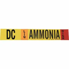 Ammonia adhesive pipe marker for liquid (LIQ) phase at high pressure, designed for pipes 8 inches and larger outside diameter. The marker displays the IIAR system abbreviation DC and is supplied without arrows. Suitable for identifying ammonia piping in industrial refrigeration and process systems.