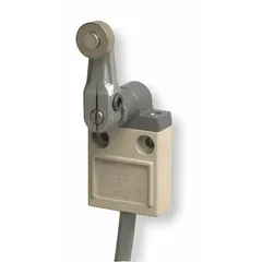 The OMRON D4C1720 is a roller lever plunger limit switch from the D4C series, designed for position detection of moving machinery parts. It features a 25 mm mounting hole with a vertical center-to-center distance of 38° and includes a 16.4 ft SJT(O) cable for electrical connection. Typical applications include industrial automation, conveyor systems, and packaging equipment for end-of-travel or presence sensing.