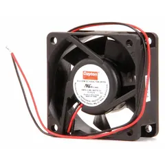 Standard square axial fan with polybutylene blade and polybutylene terephthalate housing. Delivers 40 cfm airflow at 0.000 in static pressure. Operates on 12V DC, includes lead wires, and has an IP20 rating. Suitable for cooling and ventilation in electronic enclosures, control panels, and small equipment.
