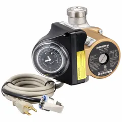 This inline circulator pump is designed for potable water systems in residential or light commercial buildings. It operates at 120V AC, delivers 14 gpm at 13 ft maximum head, and features stainless steel construction with union connections. No volute is included.