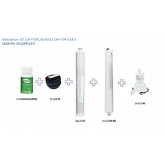 This kit contains replacement filters, stands, and switches for ELGA Flex 1, 2, and 6 water purification systems. It is used to replace expendable components and perform sanitization cycles, supporting consistent water quality in laboratory and industrial settings.