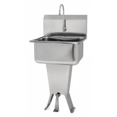 This one-station freestanding hand sink includes a faucet with a 0.5 gpm flow rate. The bowl is 19 inches long and 10 inches deep, constructed from 18 ga stainless steel. Side splash is not included. Suitable for commercial handwashing applications.