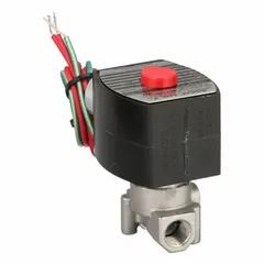 This REDHAT solenoid valve is a 2-way, 2-position normally closed type with high flow capacity. It has a 1/4 in pipe size and operates at 120V AC (110V AC). The coil enclosure is watertight. Typical applications include on/off control of liquids or gases in industrial automation, irrigation, and process control systems.