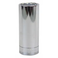 This 1/2" drive hand socket features a 25 mm metric size with a 12-point configuration for enhanced engagement on hex fasteners. The deep design provides access to recessed nuts and bolts. Chrome finish offers corrosion resistance. Suitable for automotive repair, machinery maintenance, and general assembly tasks.