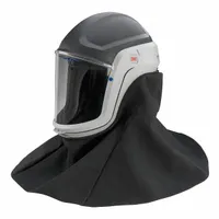 Universal-size hood-type headgear for use with supplied-air respirator (SAR) systems. Includes a flame-resistant outer shroud and visor for head, face, and neck protection in industrial environments. Compatible with PAPR or SAR configurations