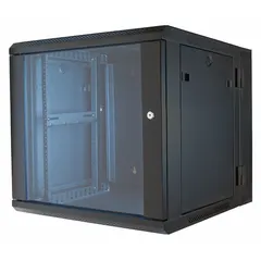 Steel wall-mount enclosure with 9 rack units of space, measuring 19 7/8 in x 24 1/4 in x 21 7/8 in. Includes locks for security and a hinged back for rear access. Suitable for organizing network equipment, servers, and AV components in commercial or industrial settings.