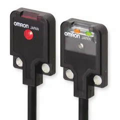 This rectangular photoelectric sensor set includes a receiver and transmitter with non-terminated cables, operating on a 12-24V DC supply voltage with NPN output. Suitable for non-contact object detection in industrial automation applications such as presence sensing, positioning, and counting.