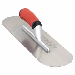 This swimming pool trowel features a round carbon steel blade with a 4-1/2 inch width and a DuraSoft handle. It is used for finishing concrete surfaces in pool construction and repair, including shaping and smoothing gunite or shotcrete.