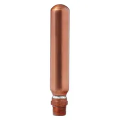 Water hammer arrestor with 1-inch NPT connections and a copper body. Overall height of 8 3/4 inches. Absorbs shock and reduces noise from water hammer in plumbing systems, protecting pipes and fixtures from pressure surges.