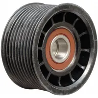 Serpentine ribbed V-belt idler pulley with flanged flange and 10 grooves. Made from polymer for heavy-duty performance. Used for belt tensioning and alignment in vehicle engine accessory drive systems