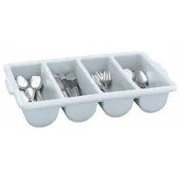 Gray polyethylene cutlery holder with 4 compartments and 3 3/4 in overall height. Organizes utensils in food service settings such as cafeterias and restaurants, keeping flatware separated for convenient access