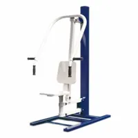 Outdoor fitness station for chest press exercises. Overall height 70 in, length 48 1/2 in, width 36 1/2 in. Suitable for parks, schools, and community fitness areas