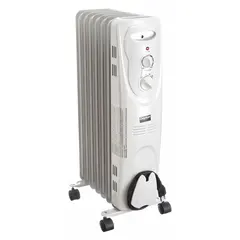 Portable radiator-style electric heater with 1500W output and 5118 BtuH heating capacity. Features three heat settings, mechanical controls, overheat protection, and a safety tip-over switch. Gray housing, dimensions 25-1/4 x 14-1/4 x 11 in. Suitable for supplemental heating in offices and similar indoor spaces.