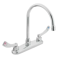 This centerset kitchen faucet from the MOEN M-Dura series is constructed of cast metal with a widespread, deck-mount design. It requires three mounting holes for installation. Suitable for residential and light-commercial kitchen or bathroom sinks where a high-arc faucet is needed for tasks such as filling pots or handwashing.