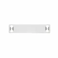 Rectangular marker plate for label stamping presses, made of 0.01 in thick 304 stainless steel. Measures 3/4 in x 3-1/2 in with 4 mounting holes. Used to create permanent identification tags in industrial settings.
