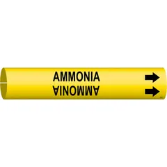 Single ammonia pipe marker with directional arrows for flow indication. Fits pipe outer diameters from 2-1/2 to 3-7/8 inches. Snap-on design for quick installation on ammonia lines in industrial facilities.