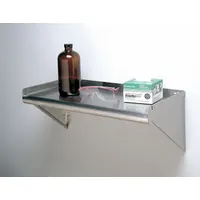 This stainless steel solid wall-mount shelving unit measures 60 inches wide by 11 inches deep by 9 inches high. It has a satin finish and includes mounting posts. With an 800 lb load capacity and NSF certification, it is suitable for commercial kitchens, laboratories, and food-service areas requiring sanitary storage