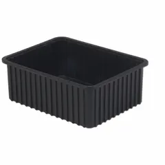 Plastic ESD static-control divider box with 1.3 cu ft capacity. Dimensions: 22 3/8 in x 17 3/8 in x 8 in. Color: Black. Lid and dividers not included. Used for storing and organizing sensitive components in static-sensitive work environments.