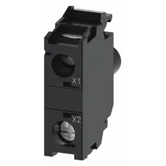 This lamp module is a 22 mm yellow LED pilot light component rated for 110 V AC. It includes the bulb and requires no transformer. Screw terminals provide the connection. Designed for use with 3SU1 series operators in industrial control panels and machinery for status indication or alarms.