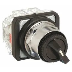 This selector switch features a maintained/maintained action with two On positions, using 2NO/2NC contacts. It is equipped with a long-handled knob and a metallic bezel, with a plastic operator head. Rated 10 A at 600 V AC and 0.55 A at 125 V DC, it is suitable for manual control applications in industrial machinery and equipment.