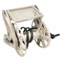 This plastic wall-mount garden hose reel holds up to 200 ft of 5/8 in I.D. hose and features a 15 in reel diameter. It measures 16-1/2 in L x 22-1/2 in W x 18 in H and is finished in tan. Designed for wall mounting, it organizes and stores hose for residential watering tasks. Hose not included