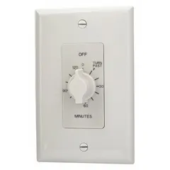 Spring-wound mechanical timer with SPDT switch rated for 125V AC. Adjustable from 10 minutes to 2 hours. White finish, no wall plate included. Used for automatic control of lighting, fans, or other electrical loads in residential or commercial spaces.