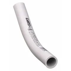 This 45-degree conduit elbow is made of PVC and has a 40 Schedule rating. With a 1-1/2 in trade size and 6-1/2 in overall length, it provides a directional change in electrical conduit systems for routing around obstacles or altering path direction.