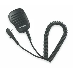 Speaker microphone compatible with Ritron Jobcom J series two-way radios. Features a 2.5 mm jack, 20-inch cord, and push-to-talk function for hands-free communication. Suitable for use in environments requiring clear audio and mobility.