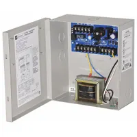 The ALTRONIX AL175UL is a power supply board housed in a steel enclosure. It accepts 115V AC input and provides two outputs configurable for 12V DC or 24V DC at 1.75A. This unit is used to supply regulated low-voltage DC power for security systems, access controls, and industrial control panels