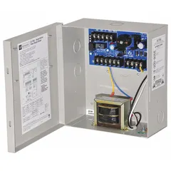 The ALTRONIX AL175UL is a power supply board housed in a steel enclosure. It accepts 115V AC input and provides two outputs configurable for 12V DC or 24V DC at 1.75A. This unit is used to supply regulated low-voltage DC power for security systems, access controls, and industrial control panels.
