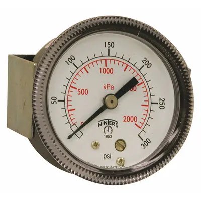 WINTERS Panel-Mount Pressure Gauge: U-Clamp, 0 psi to 300 psi, 2 in Dial, 1/8 in NPT Male - U-Clamp Panel-Mount with Brass/Bronze Wetted Parts